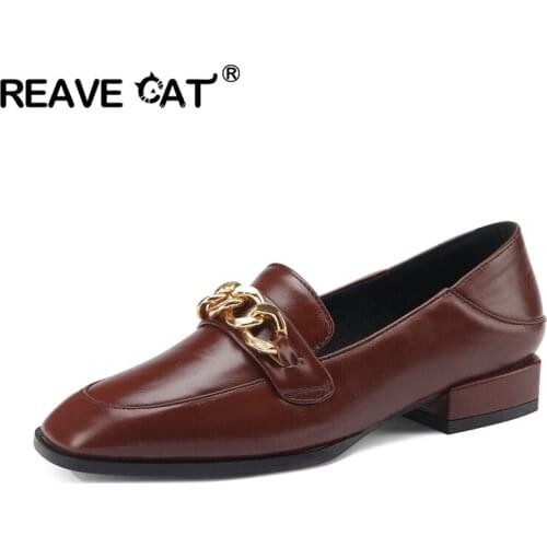 REAVE CAT Luxury Design Slip on Outside Brand Chain British shoes Flat Square toe Spring summer Single shoes Work Female Cool