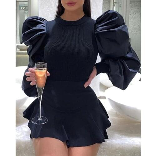 Women Fashion Long Puff Sleeve Sweater Patchwork Plus Size Shirts Solid Ribbed Knitted Elegant Slim Stretch Jumper Tops