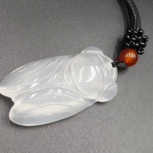 Womens Agate Necklace Pendant White Ice Chalcedony Cicada are Sing Jades Pendant Gift for Females Fine Jewelry Free Rope