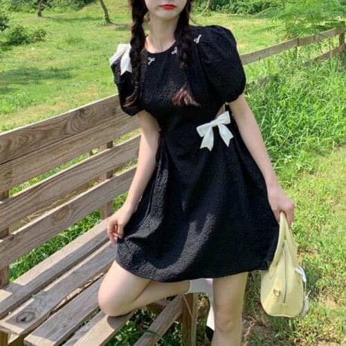 Design Korean Fashion Short Sleeve Black Vintage Dresses Women Casual Bow Summer 2021 Elegant Sexy Dress Females Bandage Y2k