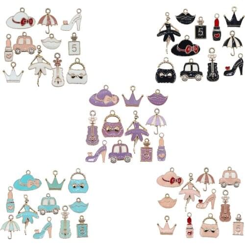 11pcs/lot Cute Girls Suit Enamel Hat Crown Bag Lipstick High Heels Perfume Bottle Car Violin Lips Charms For DIY Making Findings