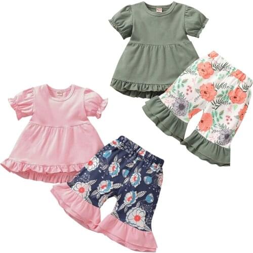 2020 New 12M-4Y Toddler Kid Baby Girl Summer 2Pcs Set Green/Pink Dress-Style Short Sleeve Top+Floral Print Ruffled Shorts