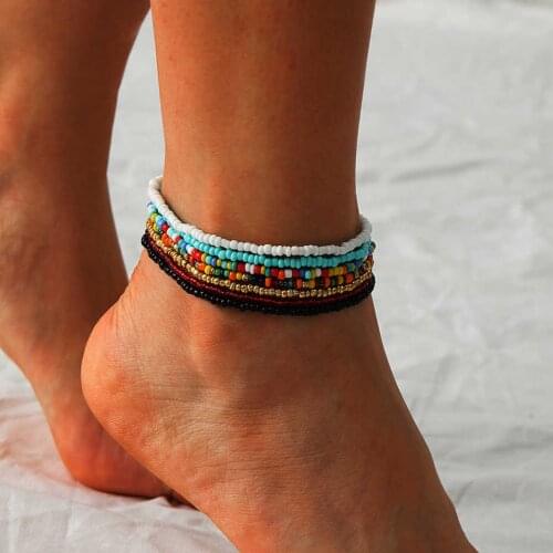 7Pcs/Set Rainbow Beaded Anklet Bracelet for Women Adjustable Colorful Anklets Barefoot Sandals On Foot Ankle Jewelry 2021 NEW