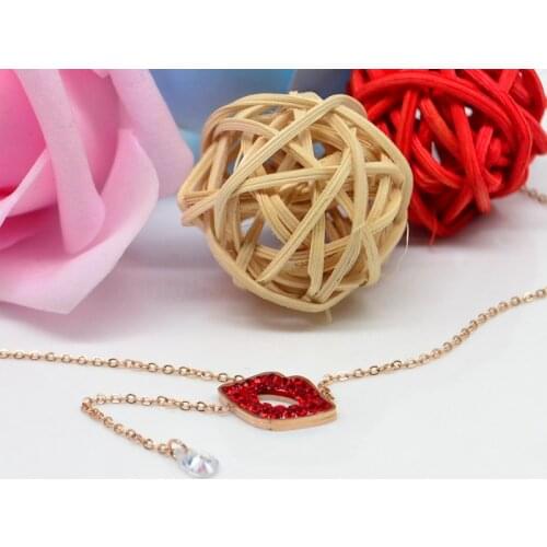 Zircon Red lips Stainless Steel Choker Necklace pendant necklace Women Girls Fashion Jewelry