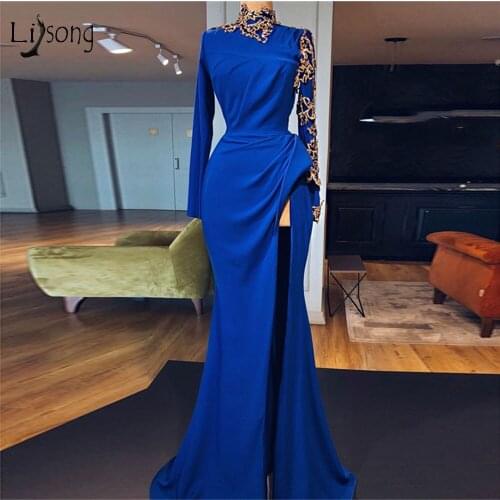 Muslim Royal Blue Long Mermaid Evening Dresses 2019 Sexy High Side Split Prom Gowns Gold Decoration Vintage Formal Dress