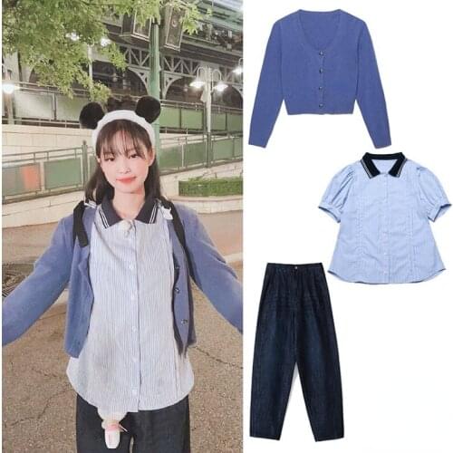 Kpop Jennie Korean New Blue Women Autumn Loose Wild Shirts Blouse Knitted Sweater+Loose Casual High Waist Jeans Pants Women Sets