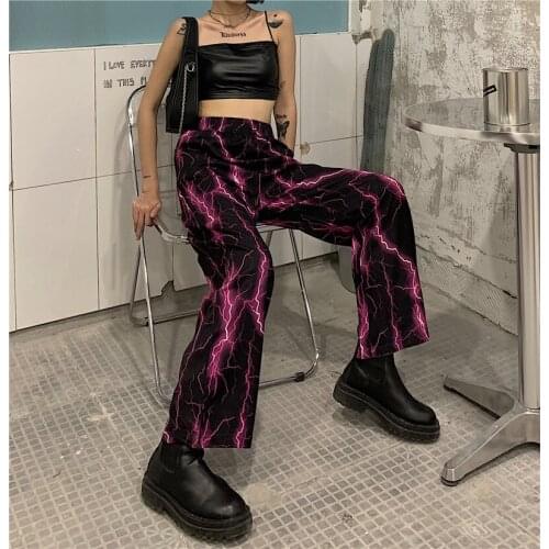 Summer Korea Hip-Hop Punk Style Street Girl Lightning Streaks Chic Trousers High Waist Vintage Woman BF Couple Harajuku Pants