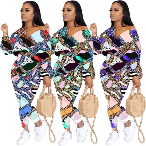 Summer New Womens Fashion Leopard Print Stitching Casual Multicolor Two-Piece Suit