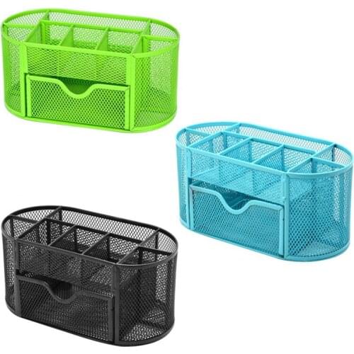 Metal Iron Net Stationery Organzier with Drawer Multi-purpose 9 Compartments Pen Holders for Office School Desktop Pencil Case