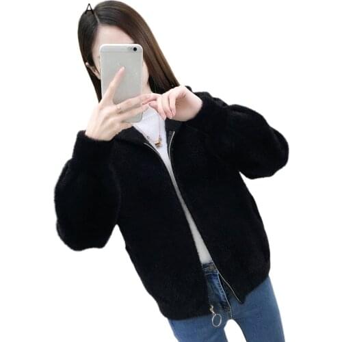 Fashion Knitted Cardigan CA Womens Sweater Top Imitation Mink Autumn Winter Jacket Zipper Hooded Casual Korean Warm Short Coat