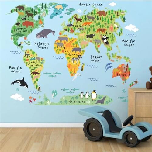 New 037 cartoon animals world map wall decals for kids rooms office home decorations pvc wall stickers diy mural art posters