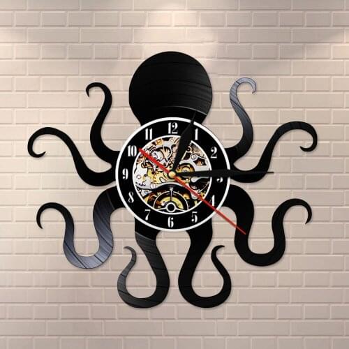 Retro Octopus Mollusk Vinyl Record Wall Clock With LED Backlight Kraken Octopus Ocean Animal LED Night Light Modern Clock Watch