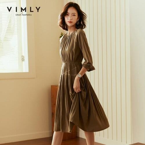 Vimly Womens Pleated Dress Fashion O Neck Solid Long Sleeve High Waist Chiffon Dresses Autumn Female Vestidos F2003