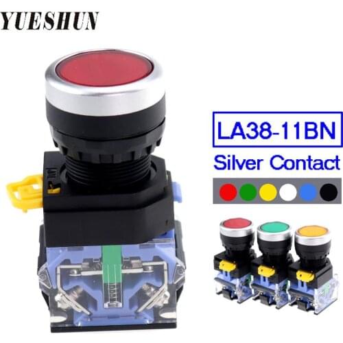 Flat Head 22MM push button automatic switch Momentary Self-locking 1NO 1NC button switches Red Green Blue 6 color LA38-11BN