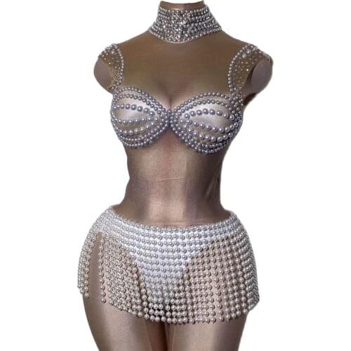 Sexy Pearl Bodysuit Novelty Women Jumpsuits Party Birthday Sexy Outfit Nightclub DJ Dance Show Catwalk Costume