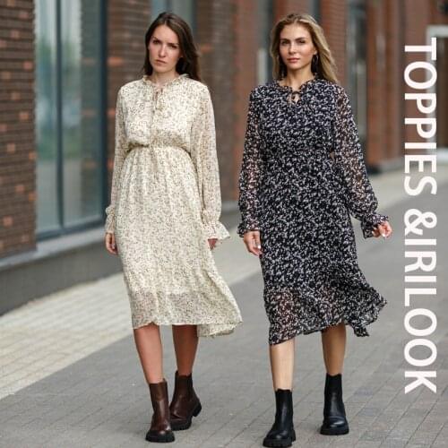 Toppies 2021 Ruffled Chiffon Dress Floral Printed Elastic High Waist A Line Sundress Fashion Womens Clothes