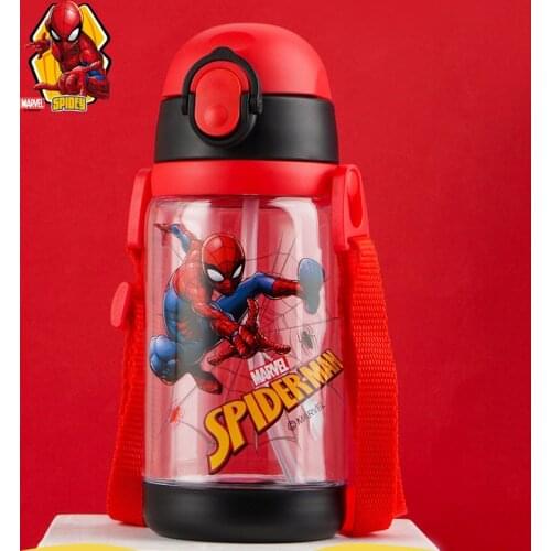 520 ML Straw cup with 2 Lids Cartoon Disney Anime Figure Frozen Spiderman Ironman Mickey Portable Feeding Bottle with Lanyard