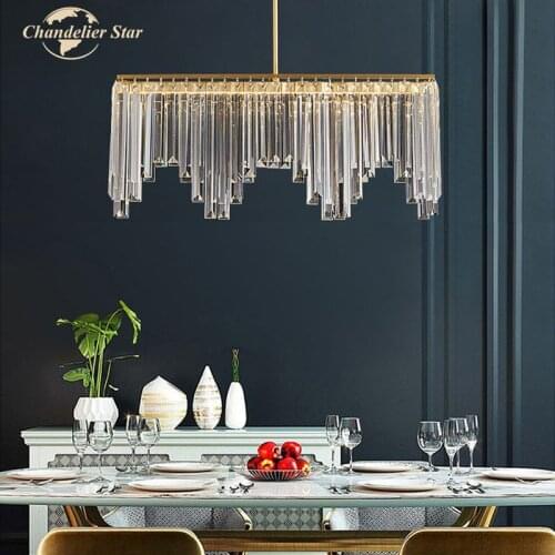 Modern LED Chandeliers Lighting Luxury Copper Crystal Rectangle Pendant Hanging Lamps Lustre Bedroom Living Room Lights Fixture