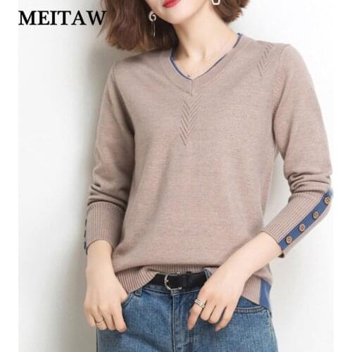 Autumn Winter V Neck Knitted Sweater 2020 Slim Rib Cashmere Pullover Sweaters Women Chic Button V Neck Korean Tops