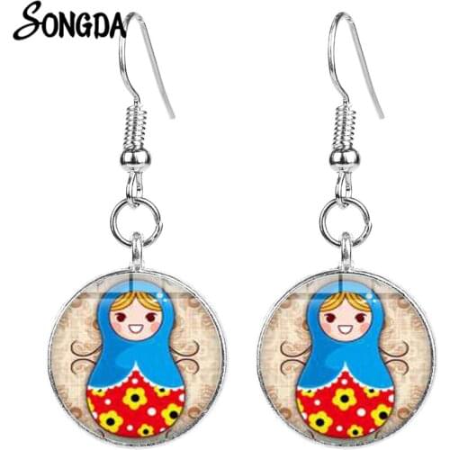 Traditional Russian Doll Earrings Retro Matryoshka Theme Cartoon Art Photoes Glass Dome Drop Earrings Women Girl Jewelry