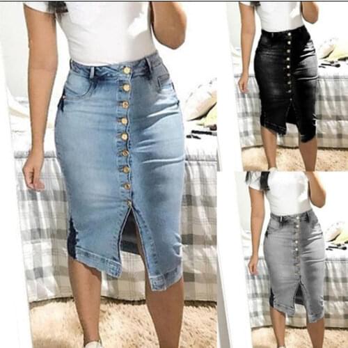 High Waist Women Bodycon Denim Skirt midi 2020 New Arrivals Blue Split Button Casual Jean Skirts For Ladiesjupe longue femme