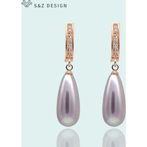 S&Z New Imitation Pearls Multicolor Water Drop Long Earrings 585 Rose Gold Micro Wax Inlay Zircon For Women Fine jewelry
