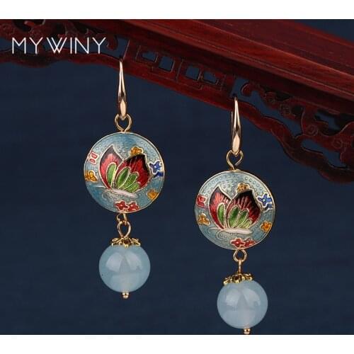 NEW MYWINY fashion jewelry Copper jewelry Cloisonne Lotus flowers vintage butterfly earrings women Chinese wind