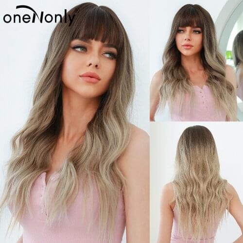 OneNonly Long Brown Blonde Ombre Wig with Bangs Water Wave Heat Resistant Wavy Hair Synthetic Wigs for Women Daliy Cosplay