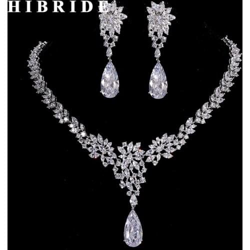 HIBRIDE Clear Water Drop Pendant Women Jewelry Set Around Full Cubic Zircon Bridal Necklace For Female Wedding Gifts N-205