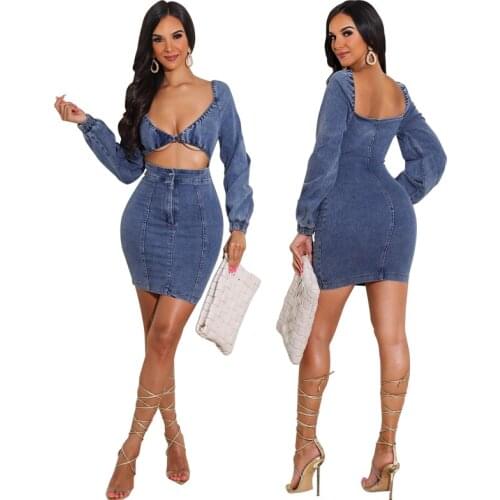 Dresses for Women Denim Sexy & Club Sheath Above Knee, Mini V-Neck Summer Chest Wrapping Women Dresses Summer 2021