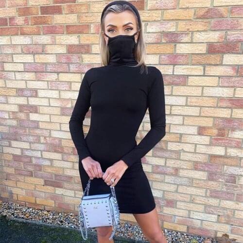 Womens Fall Bodycon Short Mini Dress Wrapped Long Sleeve High Neck Ear Loop Mask Girl Tummy Control Pleated Wrapped Clothes