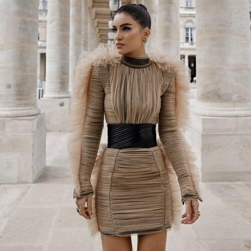 Fashion Ruched Ruffle Mesh Elegant Dress For Women Long Sleeve Mock Neck Sash Embellished Tight Waist Mini Sheath Vestidos Dress