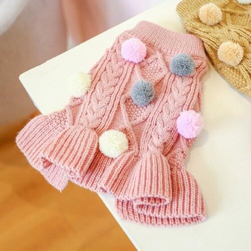 Winter Pet Dog Clothes Warm Sweater DressTurtleneck Dog Sweaters Knitted Dress With Pompom Warm Pet Cat Puppy Small Dog Clothing