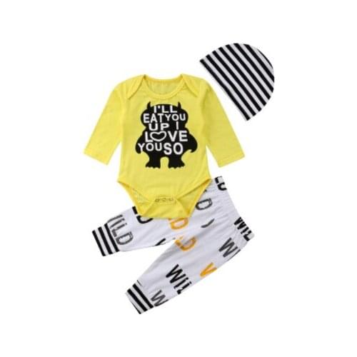 2018 3PCS Set Baby Boy Girls Long Sleeve Tops Yellow romper+Pants Wild Leggings Hat Autumn Set Outfits Size 0-18M