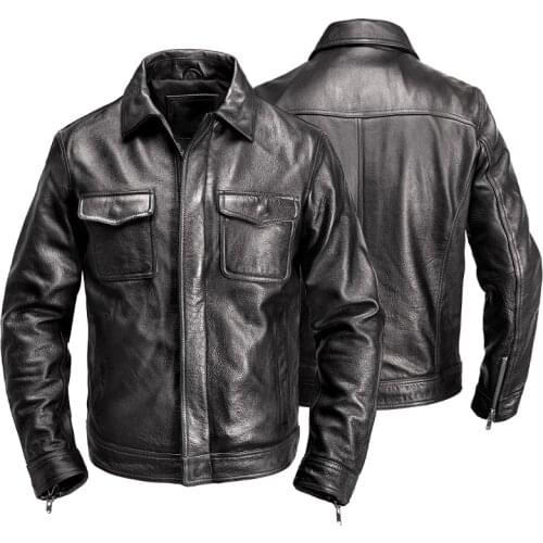 2021 Black American Casual Style Mens Natural Cow Leather Jacket Plus Size Genuine Cowhide Autumn Coat FREE SHIPPING