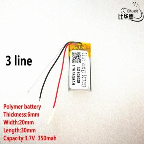 5pcs/lot 3 line Good Qulity 3.7V,350mAH,602030 Polymer lithium ion / Li-ion battery for TOY,POWER BANK,GPS,mp3,mp4