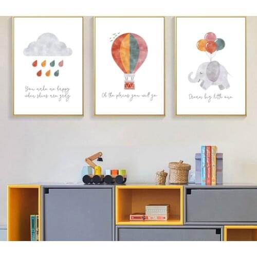 Watercolor Cartoon Animals Balloon Rainbown Nursery Poster Canvas Painting Wall Art Prints Pictures Girls Bedroom Home Decor