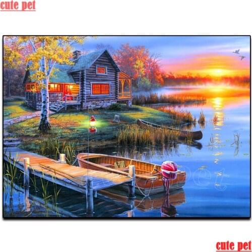 Diamond Painting Sunset hut river scenery Rhinestone 5D DIY Diamond Embroidery,Cross Stitch,diamond Mosaic Sale decoration salon