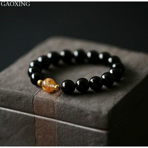 8mm-10mm Natural Obsidian White Crystal Bracelet Turn Good Luck Happy Men Women Couple Bracelet Birthday Jewelry Gift