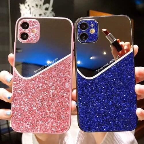 Geometric Sequins Makeup Mirror Phone Case for iPhone 12 11 Pro Max Mini 7 8 Plus Xr Xs Max Luxury Glitter Soft Tpu Back Cover