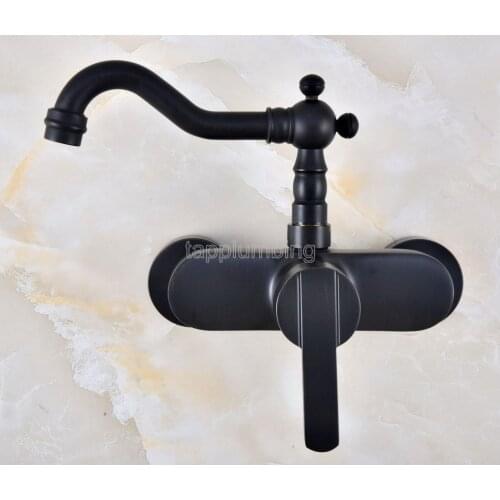 Black Oil Rubbed Bronze Wall Mounted Bathroom Basin Faucet / 360 Swivel Spout Kitchen Sink Mixer Taps tnf838