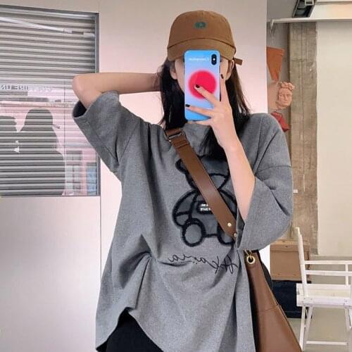 Pure Cotton Spring And Summer Students Short-Sleeved Bear T-Shirt Women Loose Korean Style Bottoming Shirt Tops