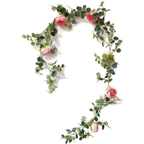 Artificial Eucalyptus Leaves Peony Flower Vine Greenery Ivy Hanging Plants Swag for Home Wedding Wall Fence Decor