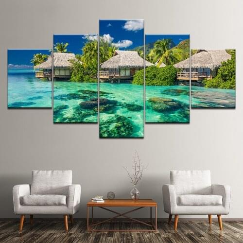 Canvas Painting house in the ocean Fiji landscape 5 Pieces Wall Art Painting Modular Wallpapers Poster Print Home Decor
