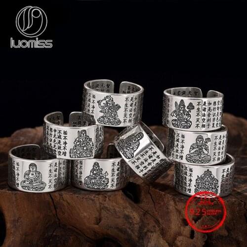 999 Solid Sterling Silver Buddhism Buddha Heart Sutra Band Ring For Men Women