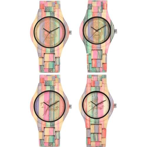 Quartz Wooden Watch for Women Bamboo Strap Wooden Watch for Men Unique Skeleton Pattern Dial Durable Colorful Band