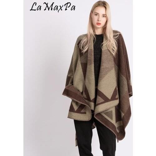 LaMaxPa Winter Warm Hooded Wrap Ponchos Blends Lush Capes Mantle Ponchos And Capes Aztec Outwear Casacos Femininos Tippet