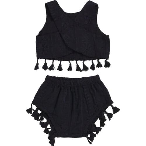 Summer Baby Girls Clothes Set Sleeveless Strap T-shirt Tops With Tassel+Shorts Suits Costume Set 2pcs 0-5T Toddler Girl Clothing