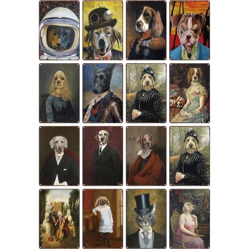 Lovely Cute Animal In Clothes Metal Tin Sign Vintage Style Dogs Cats Portrait Personalized Poster for Kid Gift Bar Home Decor