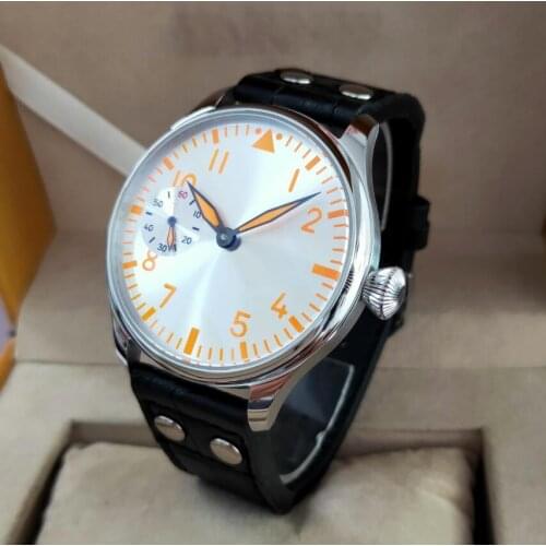 44mm Pilot not have logo Mechanical Hand Wind Mens Watch Silver dial orange number rivet black pilot strap st3600-2 movement